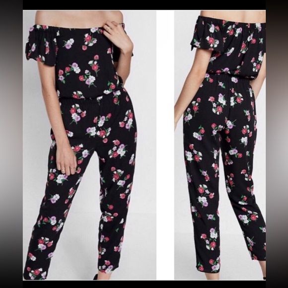 Express off the shoulder black floral lined jumpsuit elastic waist NEW - Picture 14 of 14